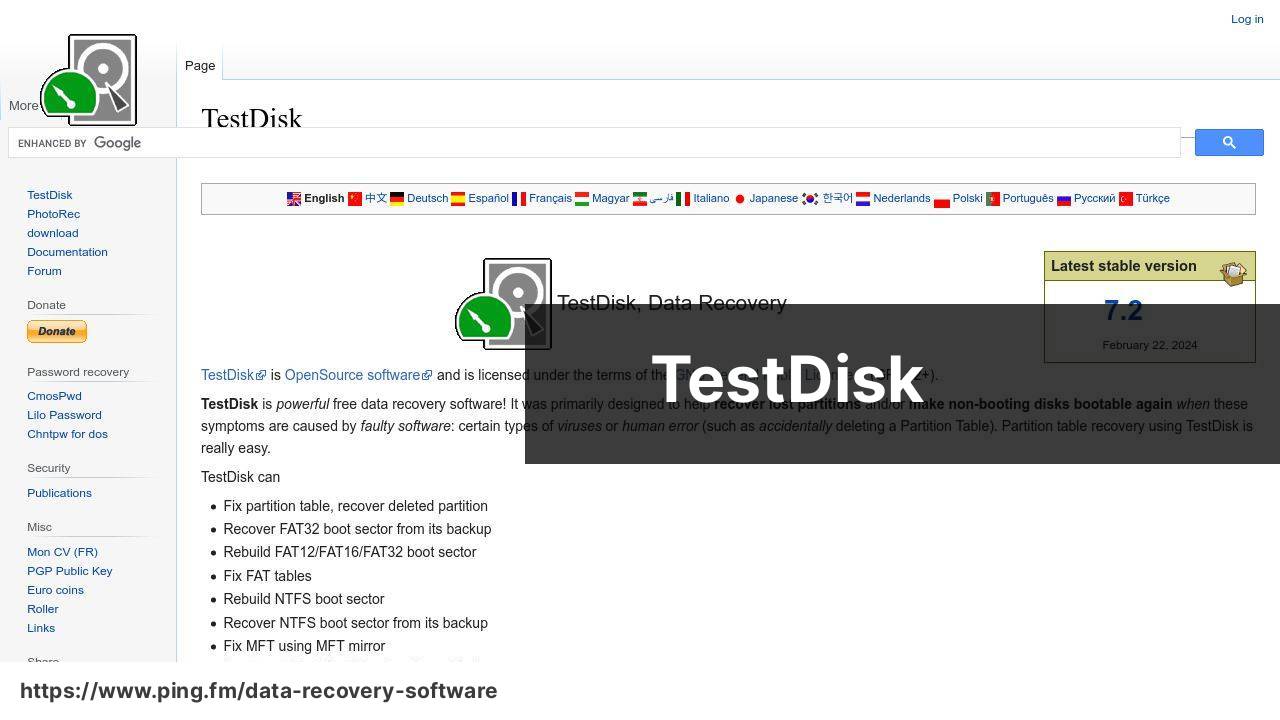 https://www.cgsecurity.org/wiki/TestDisk -sivuston näyttökuva